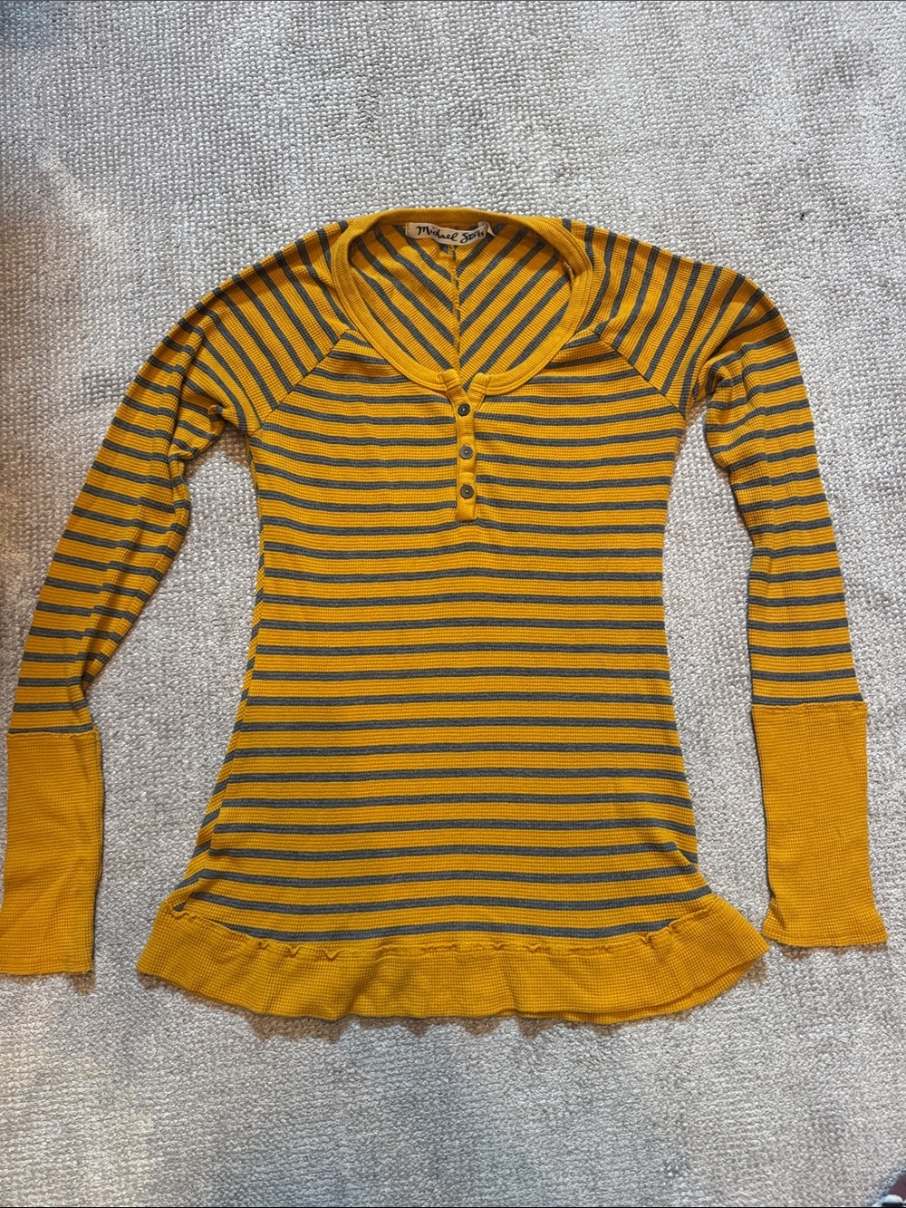 Michael Stars Mustard & Gray Striped Henley Long Sleeve Top